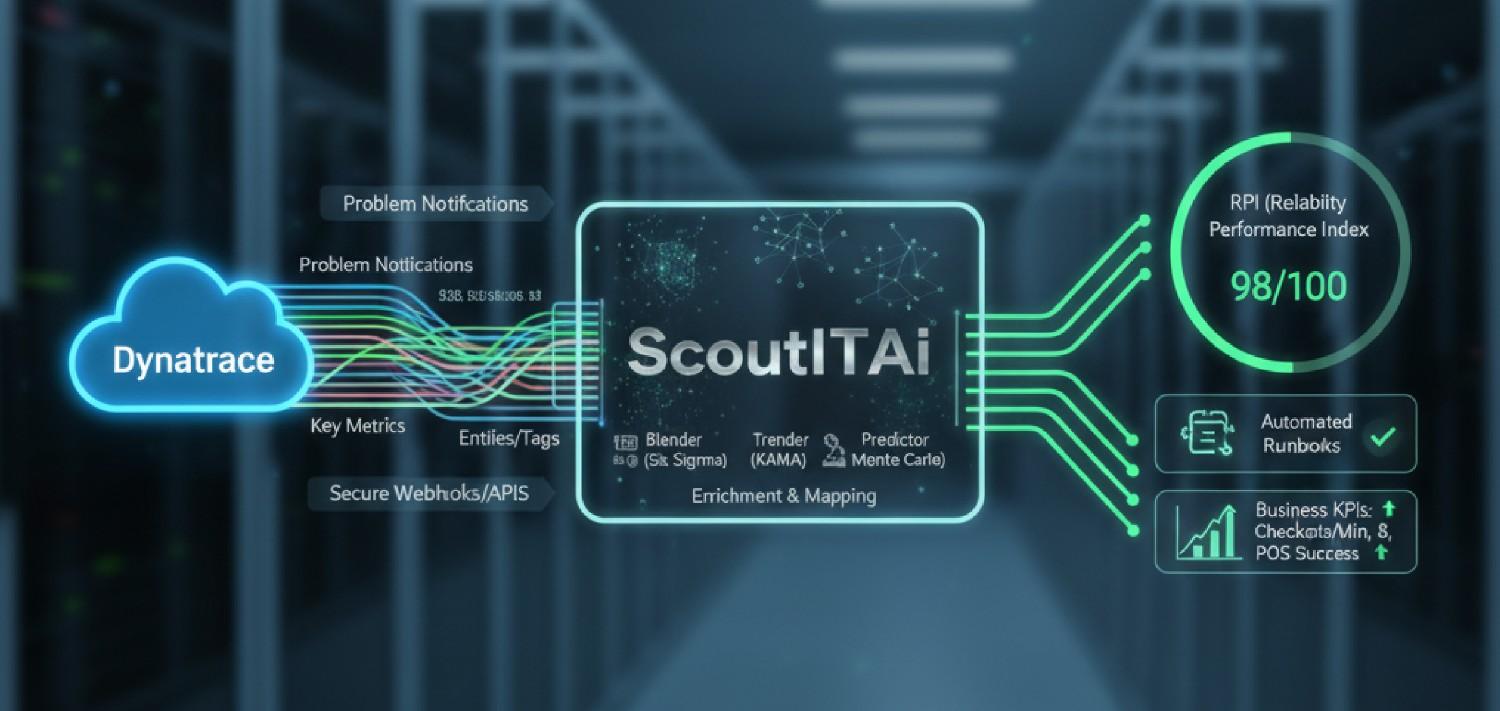 Dynatrace–Scout architecture diagram showing data flow to RPI 98/100 and automated runbooks